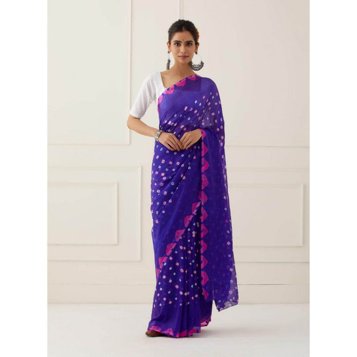 Sutra Attire Blue Hand Bandhani Silk Saree with Unstitched Blouse