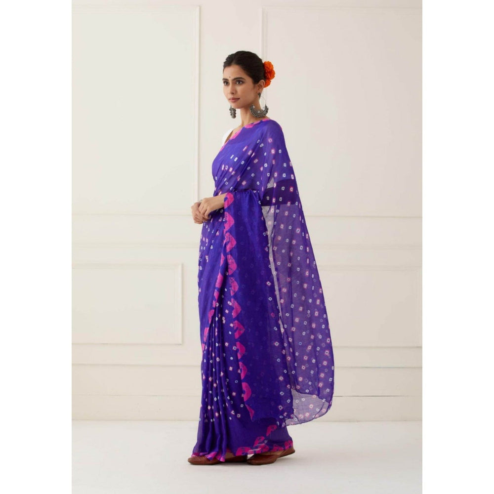 Sutra Attire Blue Hand Bandhani Silk Saree with Unstitched Blouse