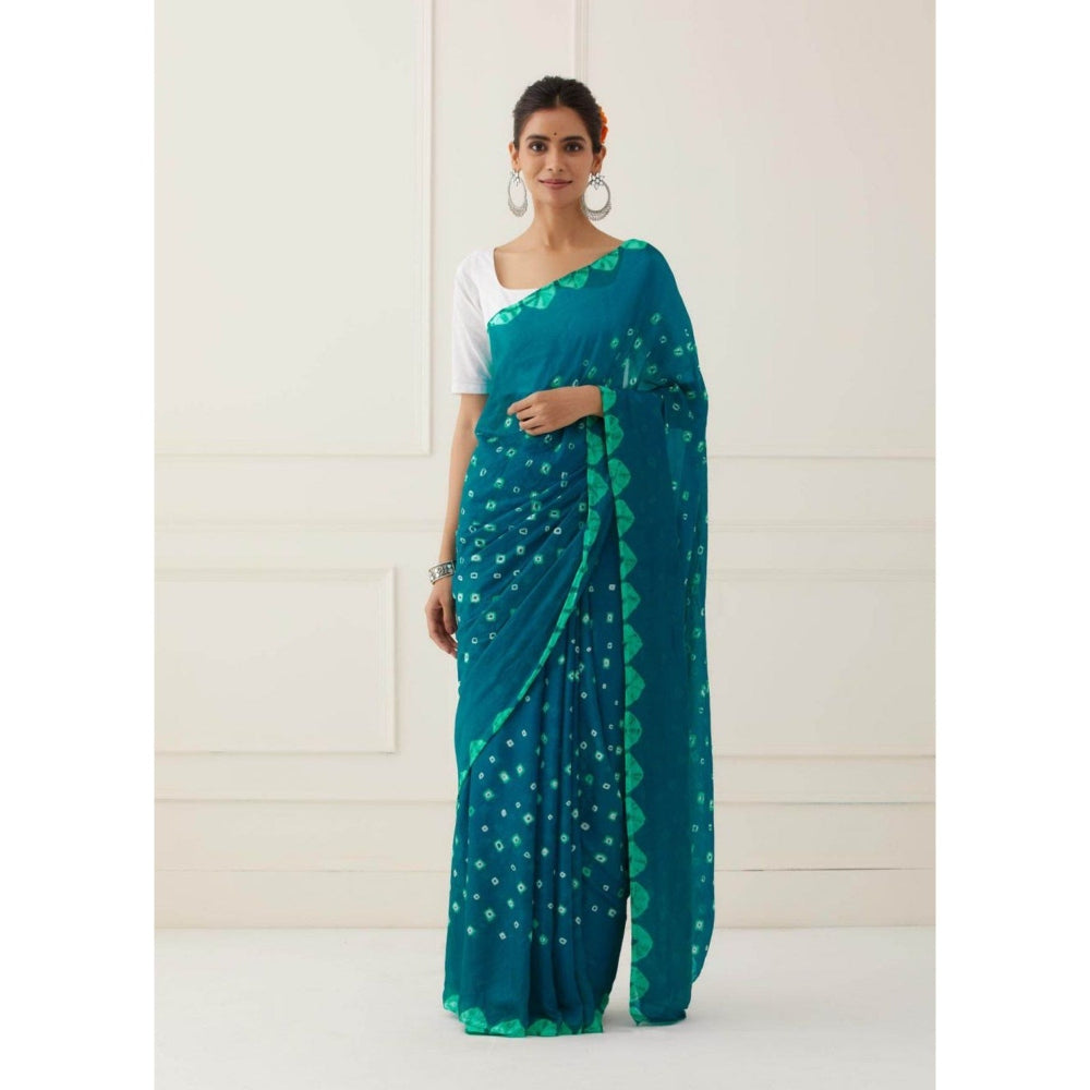 Sutra Attire Turquoise Hand Bandhani Silk Saree with Unstitched Blouse