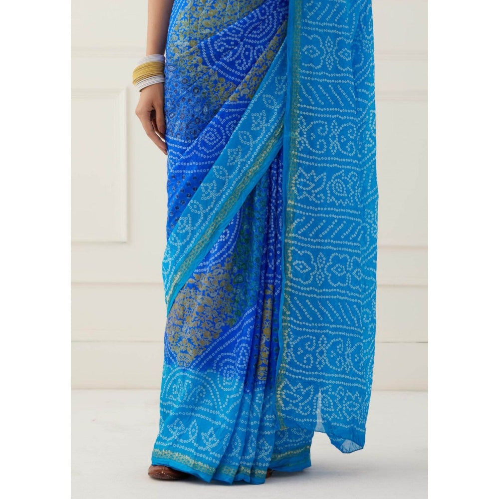 Sutra Attire Blue Bandhani Silk Saree with Unstitched Blouse