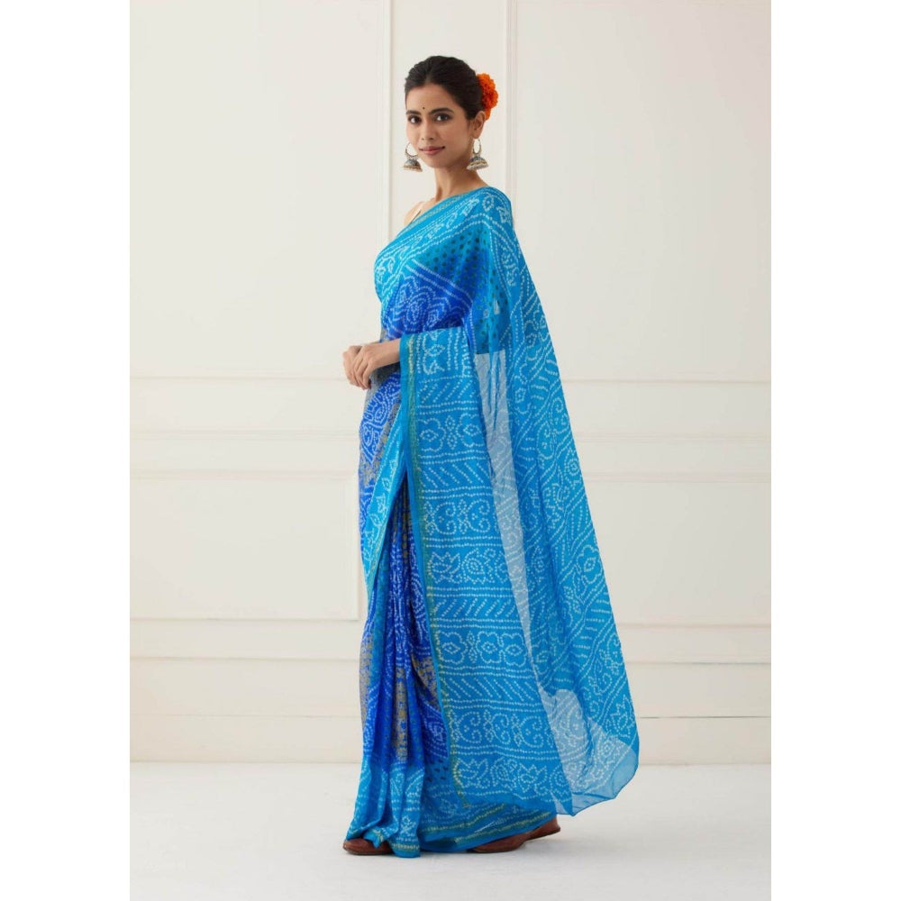 Sutra Attire Blue Bandhani Silk Saree with Unstitched Blouse