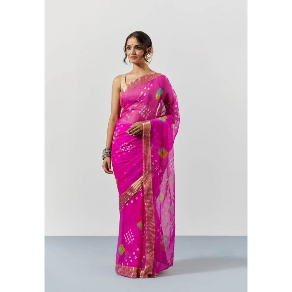 Sutra Attire Pink Tie and Dye and Bandhani Print Chiffon Saree with Unstitched Blouse