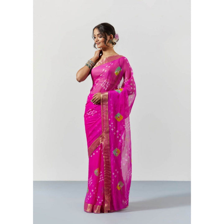 Sutra Attire Pink Tie and Dye and Bandhani Print Chiffon Saree with Unstitched Blouse