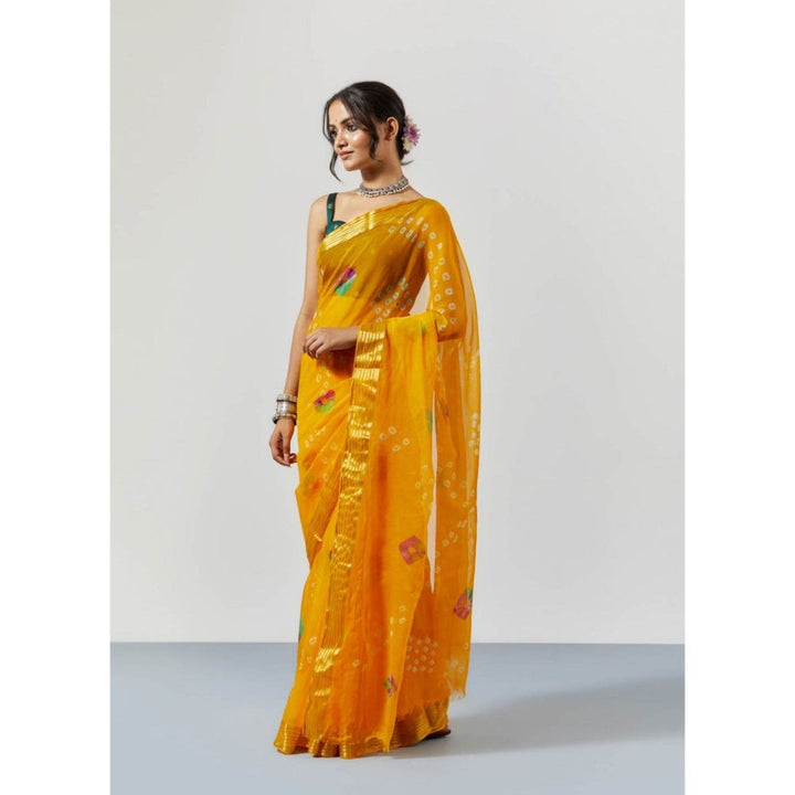 Sutra Attire Yellow Tie and Dye and Bandhani Chiffon Saree with Unstitched Blouse