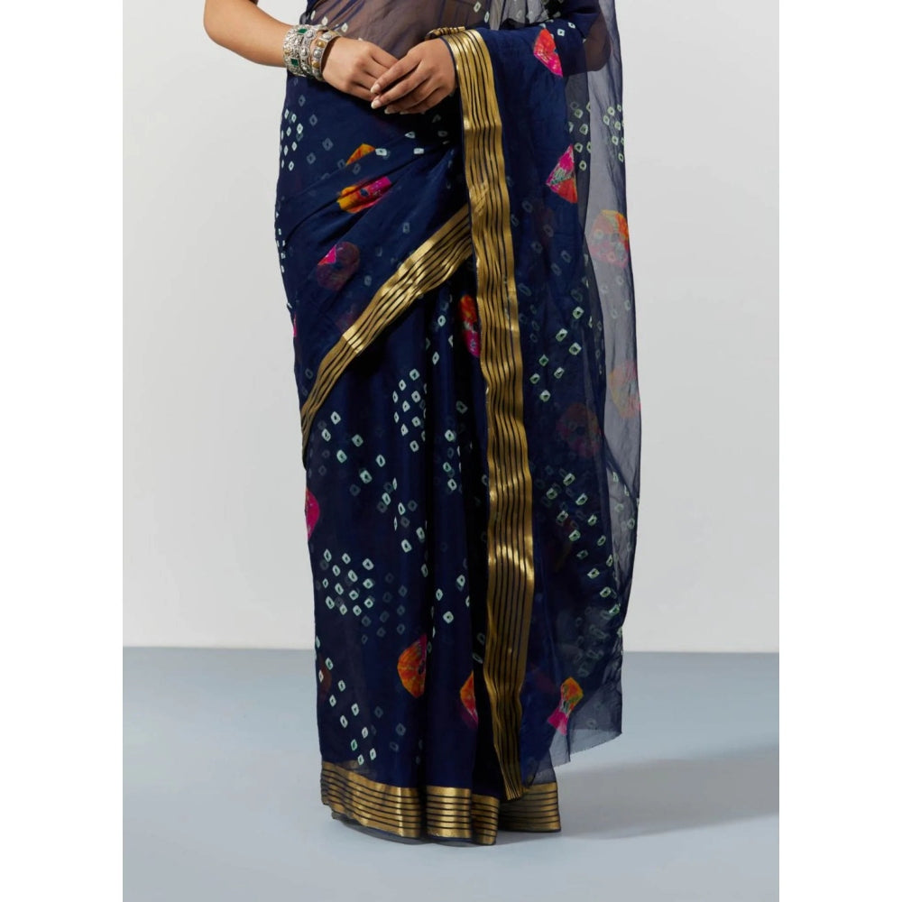 Sutra Attire Navy Blue Tie and Dye and Bandhani Chiffon Saree with Unstitched Blouse
