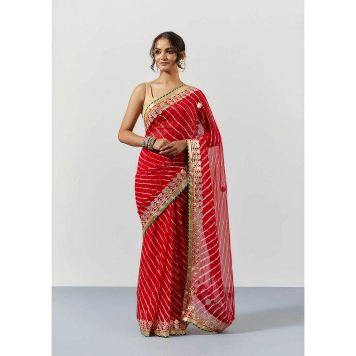 Sutra Attire Red Leheriya Stripes Gota Patti Saree with Unstitched Blouse