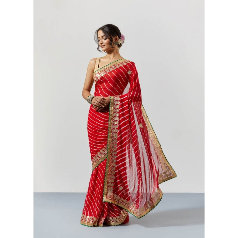Sutra Attire Red Leheriya Stripes Gota Patti Saree with Unstitched Blouse