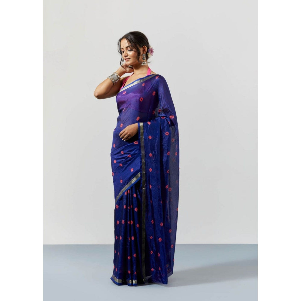 Sutra Attire Blue Hand Dyed Bandhani Silk Saree with Unstitched Blouse