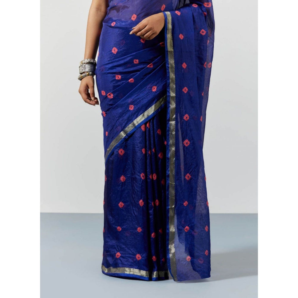 Sutra Attire Blue Hand Dyed Bandhani Silk Saree with Unstitched Blouse