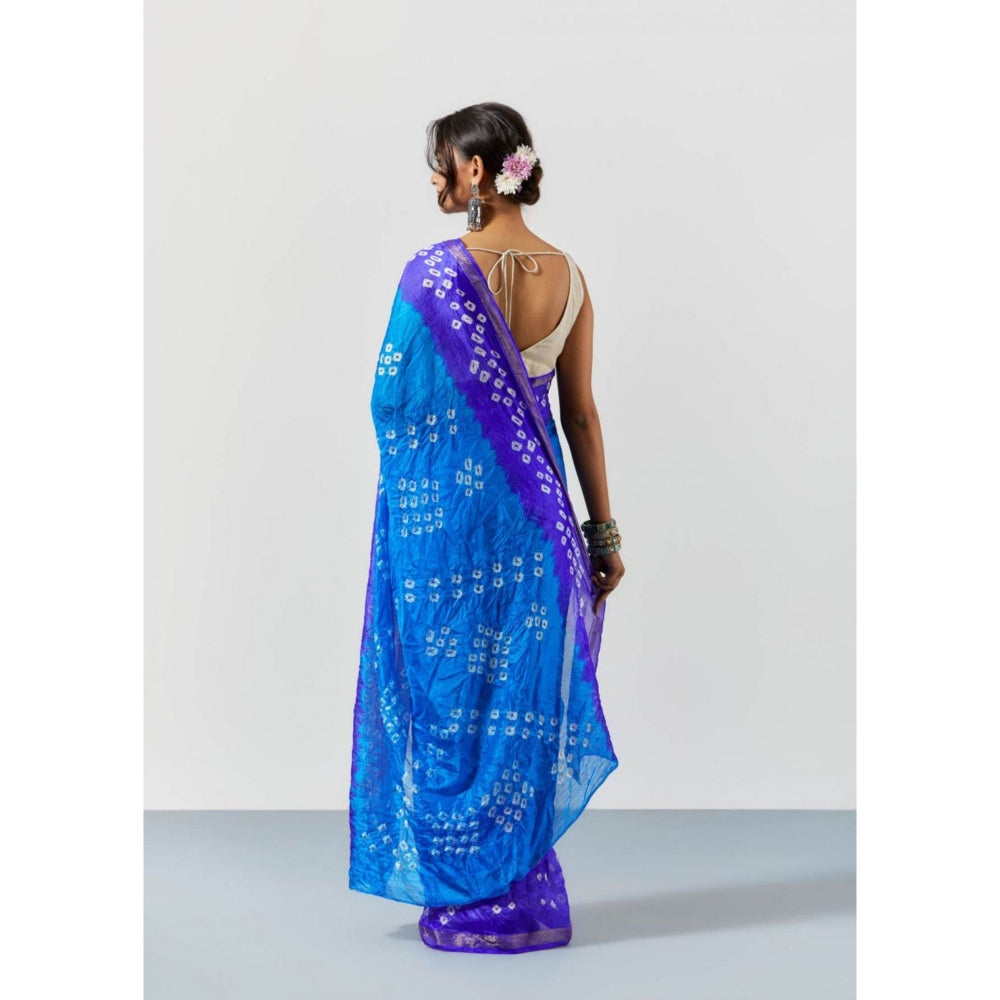 Sutra Attire Blue Shaded Hand Dyed Bandhani Silk Saree with Unstitched Blouse