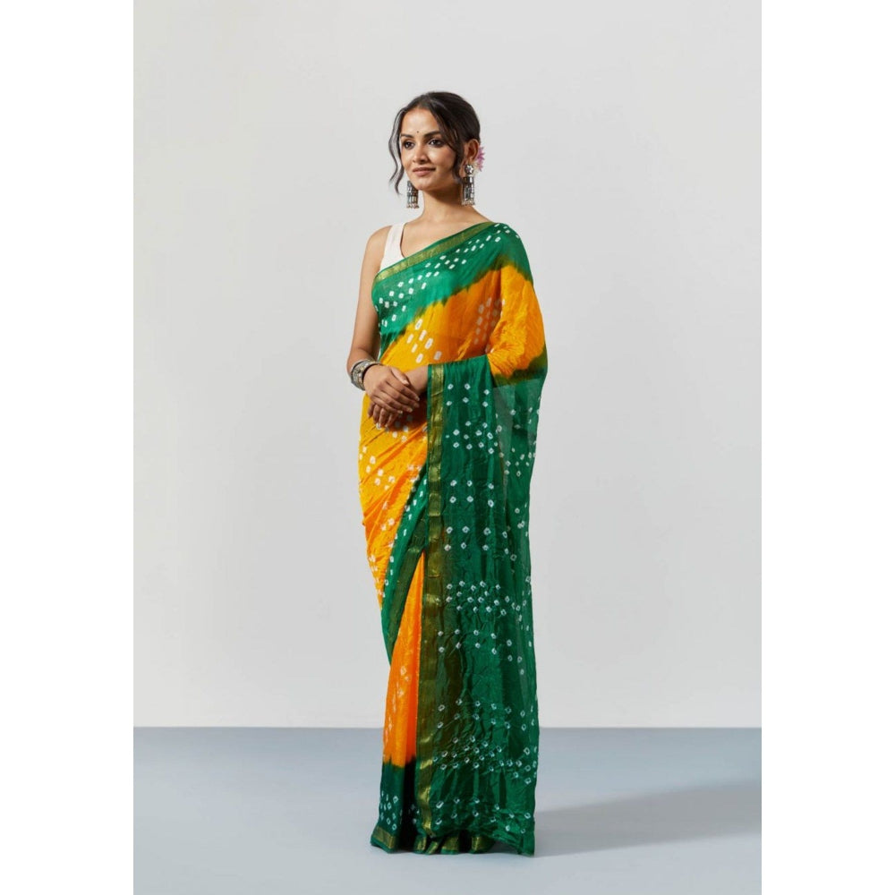Sutra Attire Yellow Dyed Bandhani Silk Saree with Unstitched Blouse