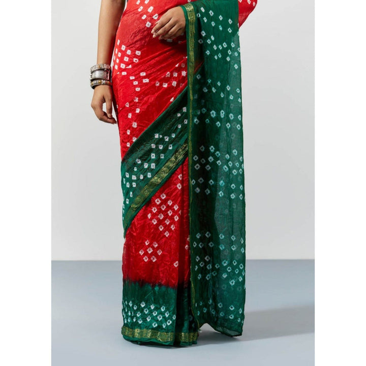 Sutra Attire Red Hand Dyed Bandhani Silk Saree with Unstitched Blouse