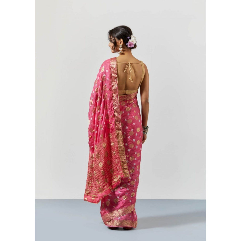Sutra Attire Pink Banarasi Zari Bandhani Silk Saree with Unstitched Blouse