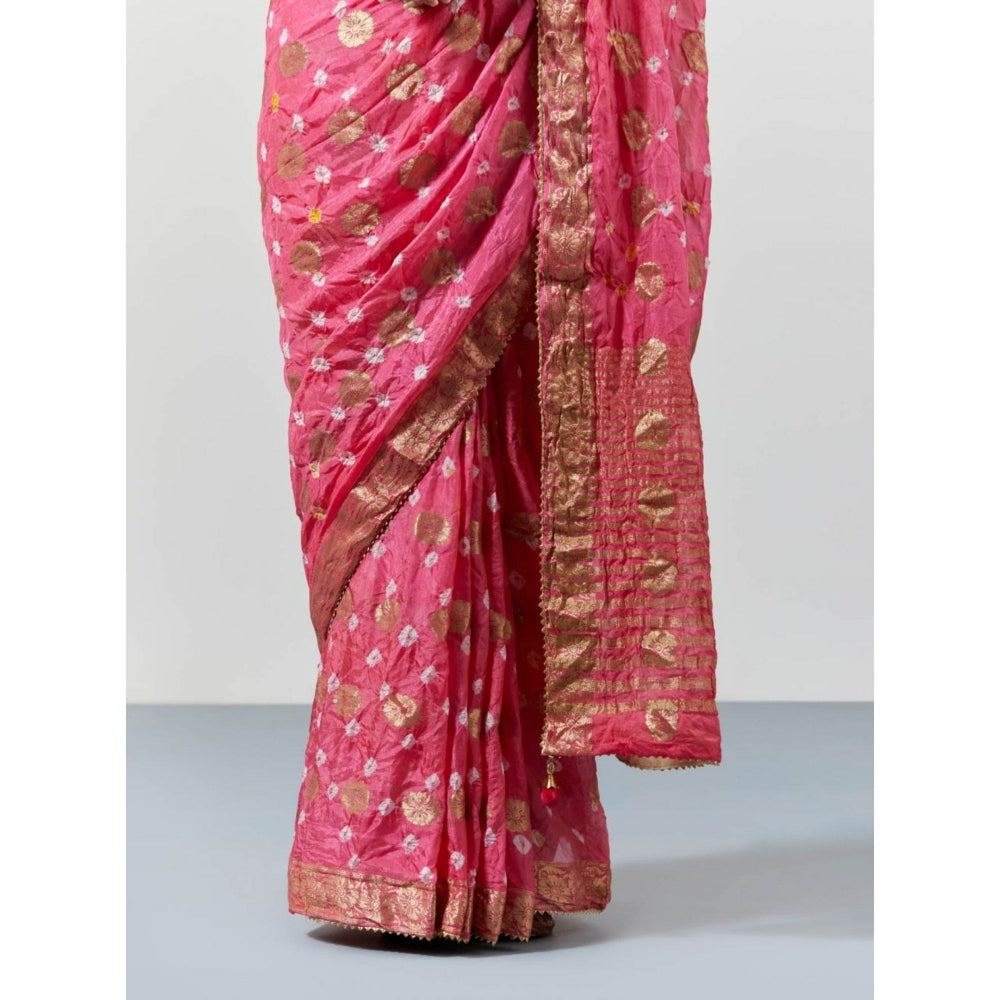Sutra Attire Pink Banarasi Zari Bandhani Silk Saree with Unstitched Blouse