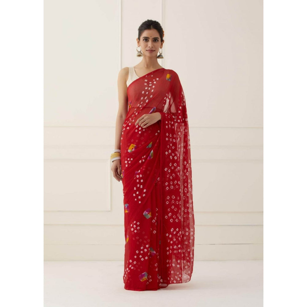 Sutra Attire Red Chiffon Bandhani Saree with Unstitched Blouse