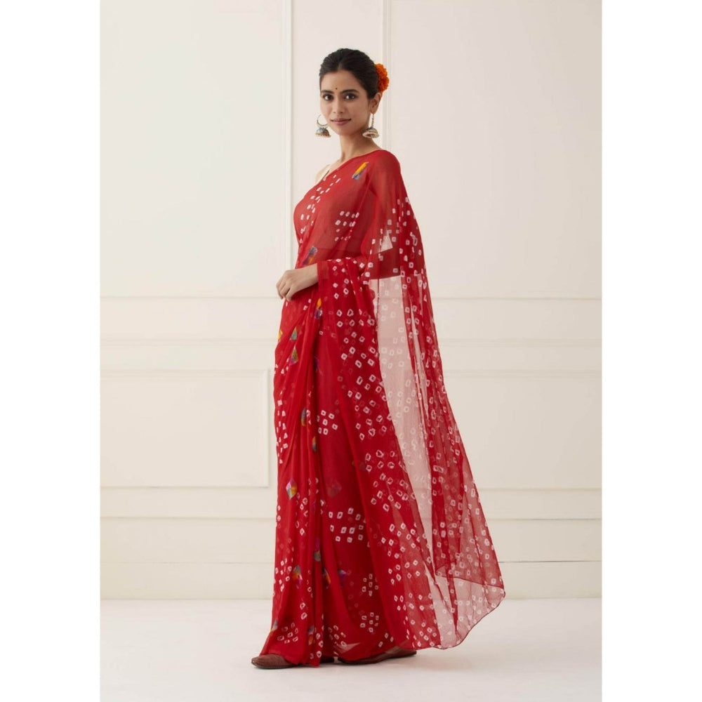 Sutra Attire Red Chiffon Bandhani Saree with Unstitched Blouse