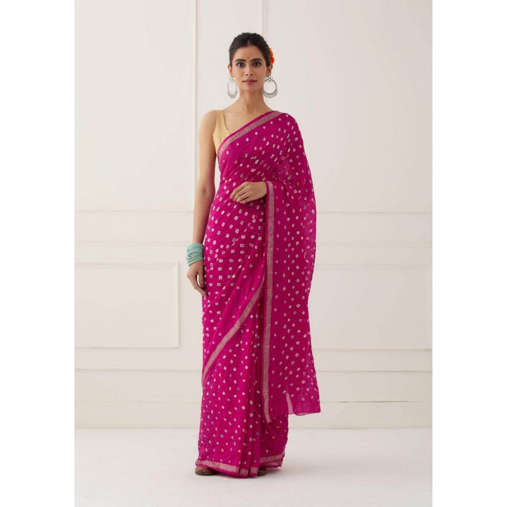 Sutra Attire Pink Bandhej Silk Saree  with Unstitched Blouse