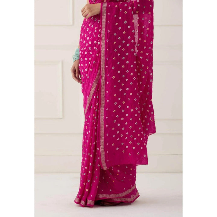 Sutra Attire Pink Bandhej Silk Saree  with Unstitched Blouse
