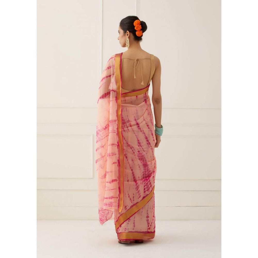 Sutra Attire Peach Tie & Dye Shibori Saree with Unstitched Blouse
