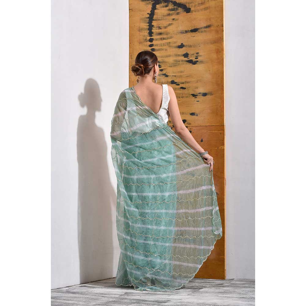 Sutra Attire Jade Green Organza Tissue Pearl Work Saree with Unstitched Blouse