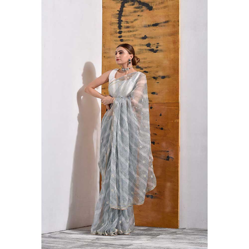 Sutra Attire Grey Handcrafted Organza Tissue Saree with Unstitched Blouse