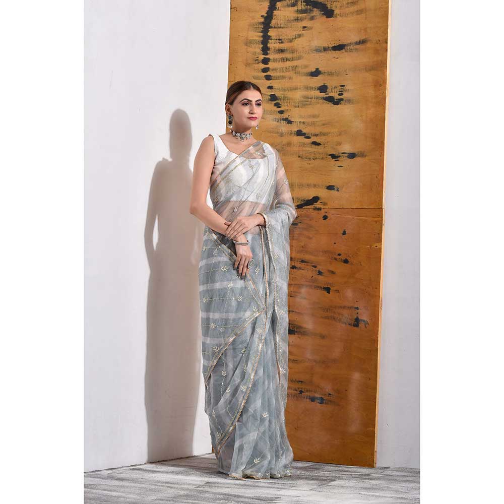Sutra Attire Grey Handcrafted Organza Tissue Saree with Unstitched Blouse