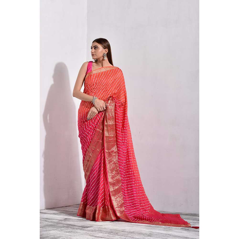 Sutra Attire Shaded Pink Silk Leheriya Zari Saree with Unstitched Blouse
