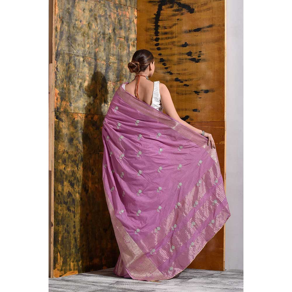 Sutra Attire Lavender Silk Saree with Unstitched Blouse & Hand Embroidered