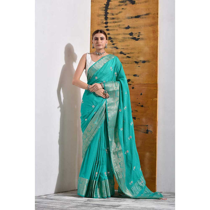 Sutra Attire Teal Silk Hand Embroidered Saree with Unstitched Blouse