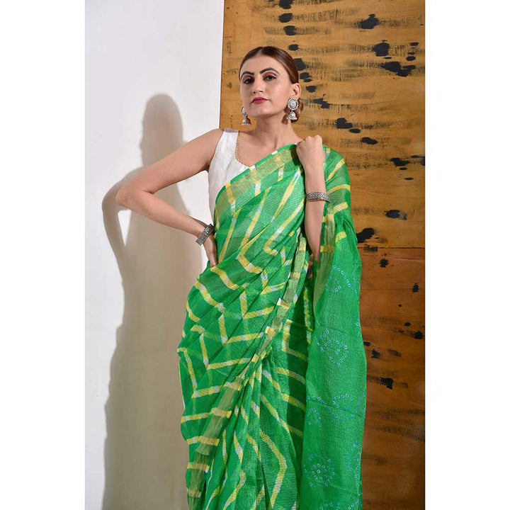 Sutra Attire Festive Green Leheriya Saree with Unstitched Blouse In Kota Doria