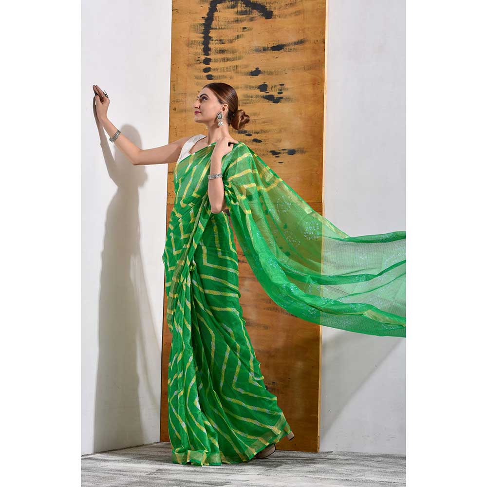 Sutra Attire Festive Green Leheriya Saree with Unstitched Blouse In Kota Doria