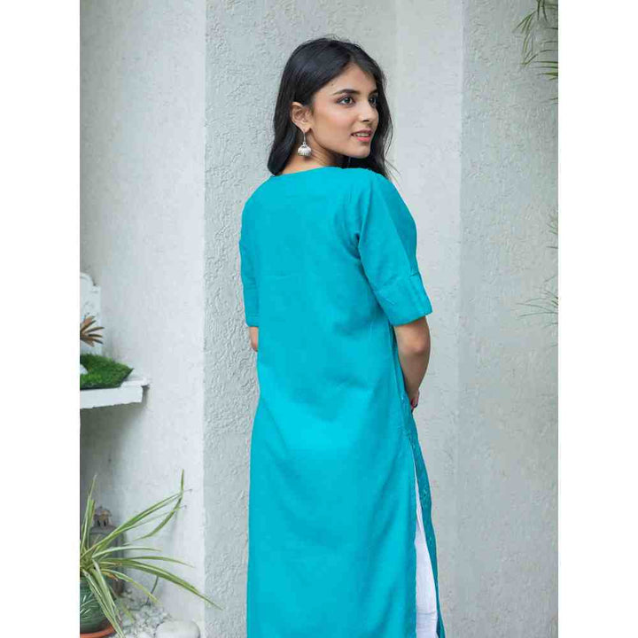 SVARCHI Cotton Blend Embellished Straight Kurta-Turquoise