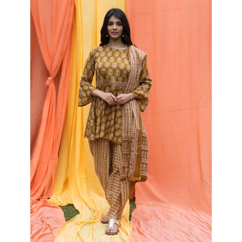 SVARCHI Cotton Cambric Floral Printed A-Line Kurta Dhoti and Dupatta Set-Mustard (Set of 3)