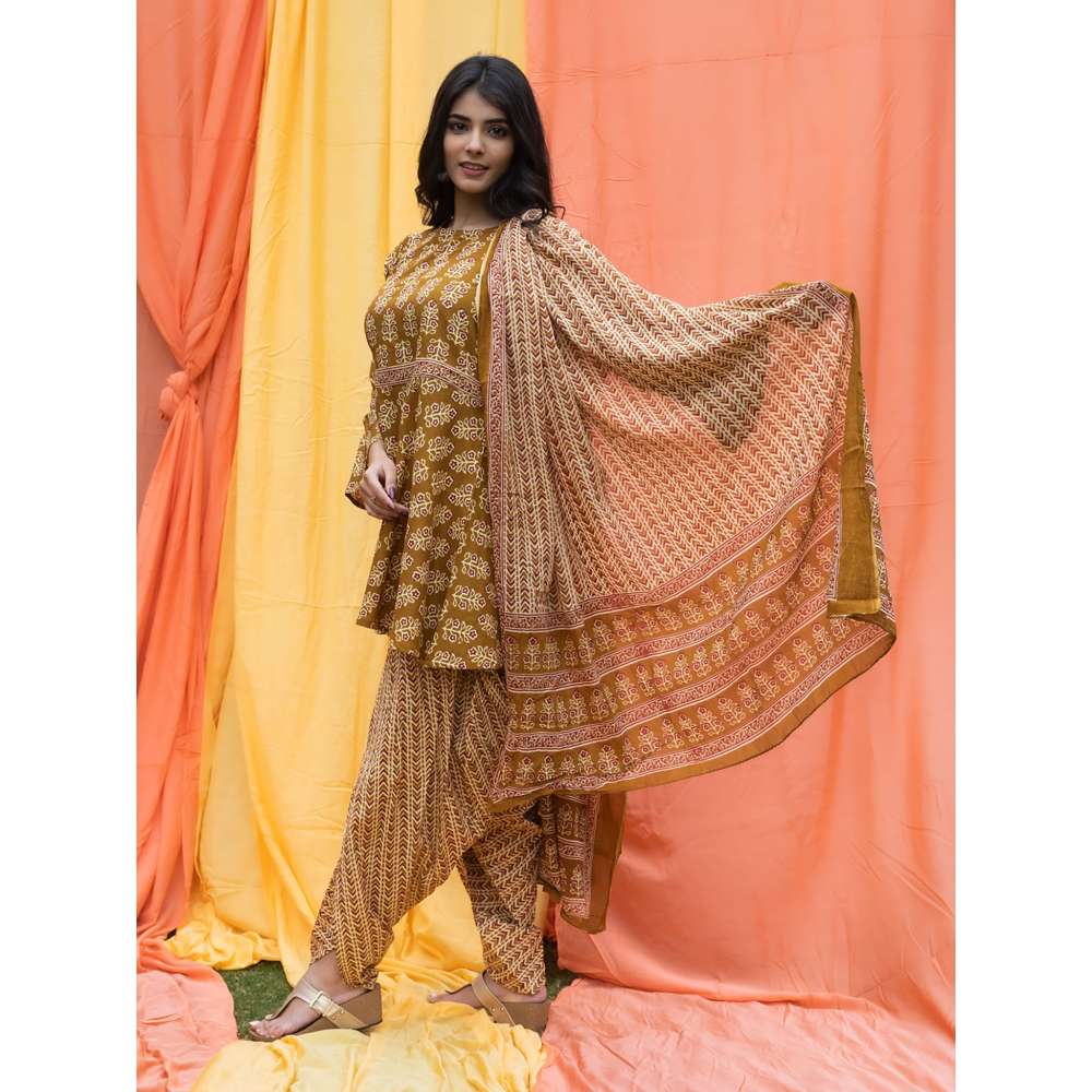 SVARCHI Cotton Cambric Floral Printed A-Line Kurta Dhoti and Dupatta Set-Mustard (Set of 3)