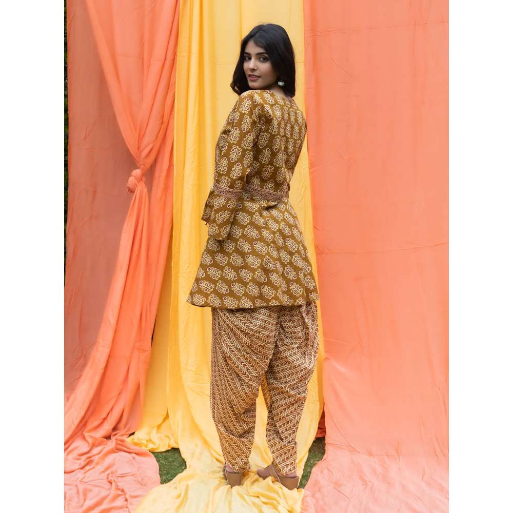 SVARCHI Cotton Cambric Floral Printed A-Line Kurta and Dhoti Set-Mustard (Set of 2)