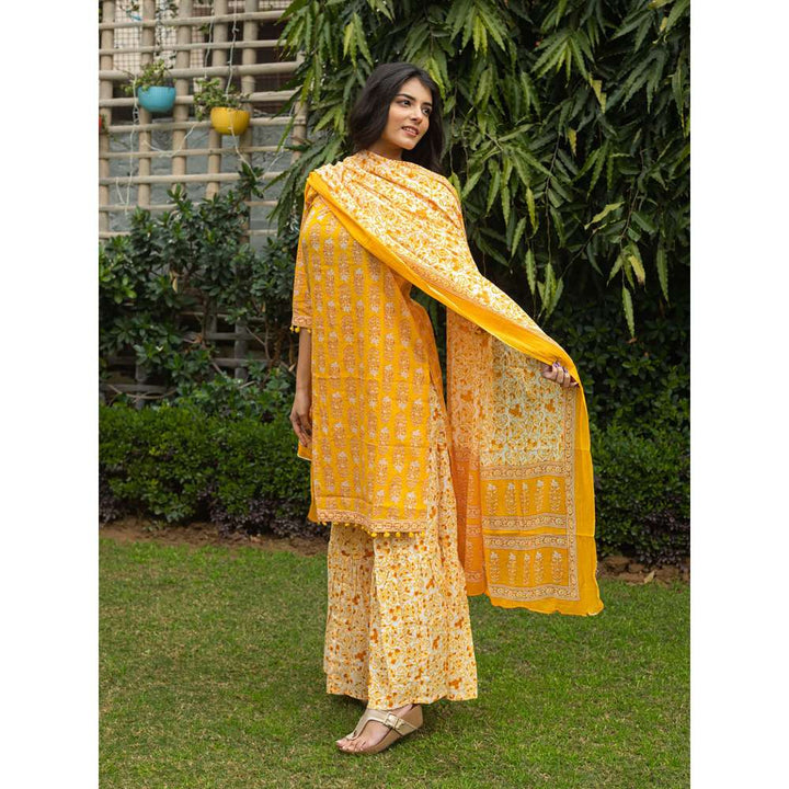 SVARCHI Cotton Cambric Floral Printed Straight Kurta Sharara Dupatta-Yellow (Set of 3)