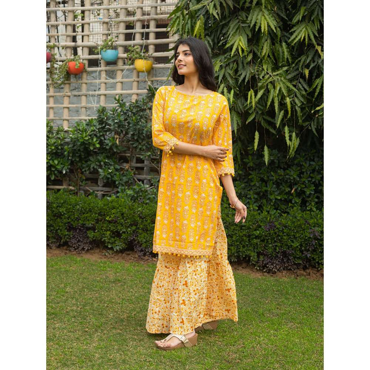 SVARCHI Cotton Cambric Floral Printed Straight Kurta and Sharara Set-Yellow (Set of 2)
