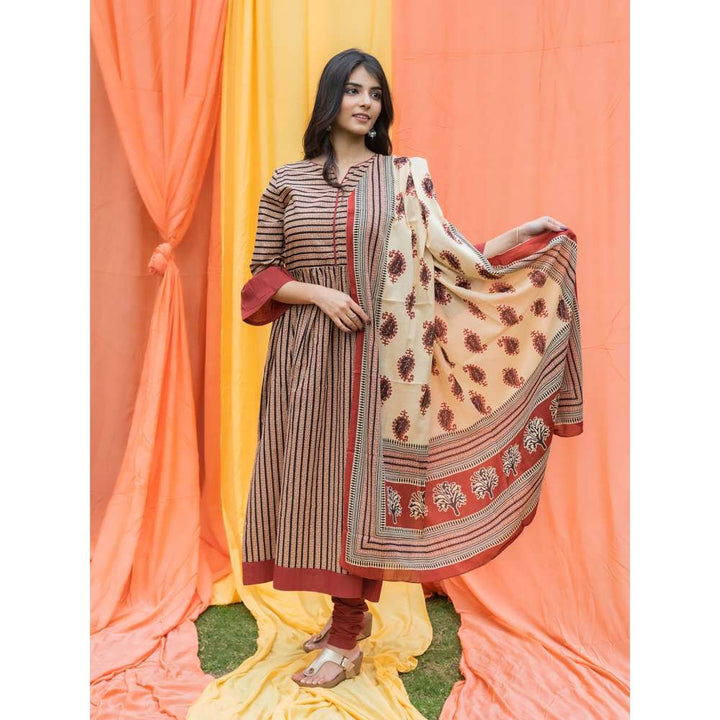 SVARCHI Cotton Cambric Block Print Anarkali Kurta Churidar Dupatta-Beige Red (Set of 3)