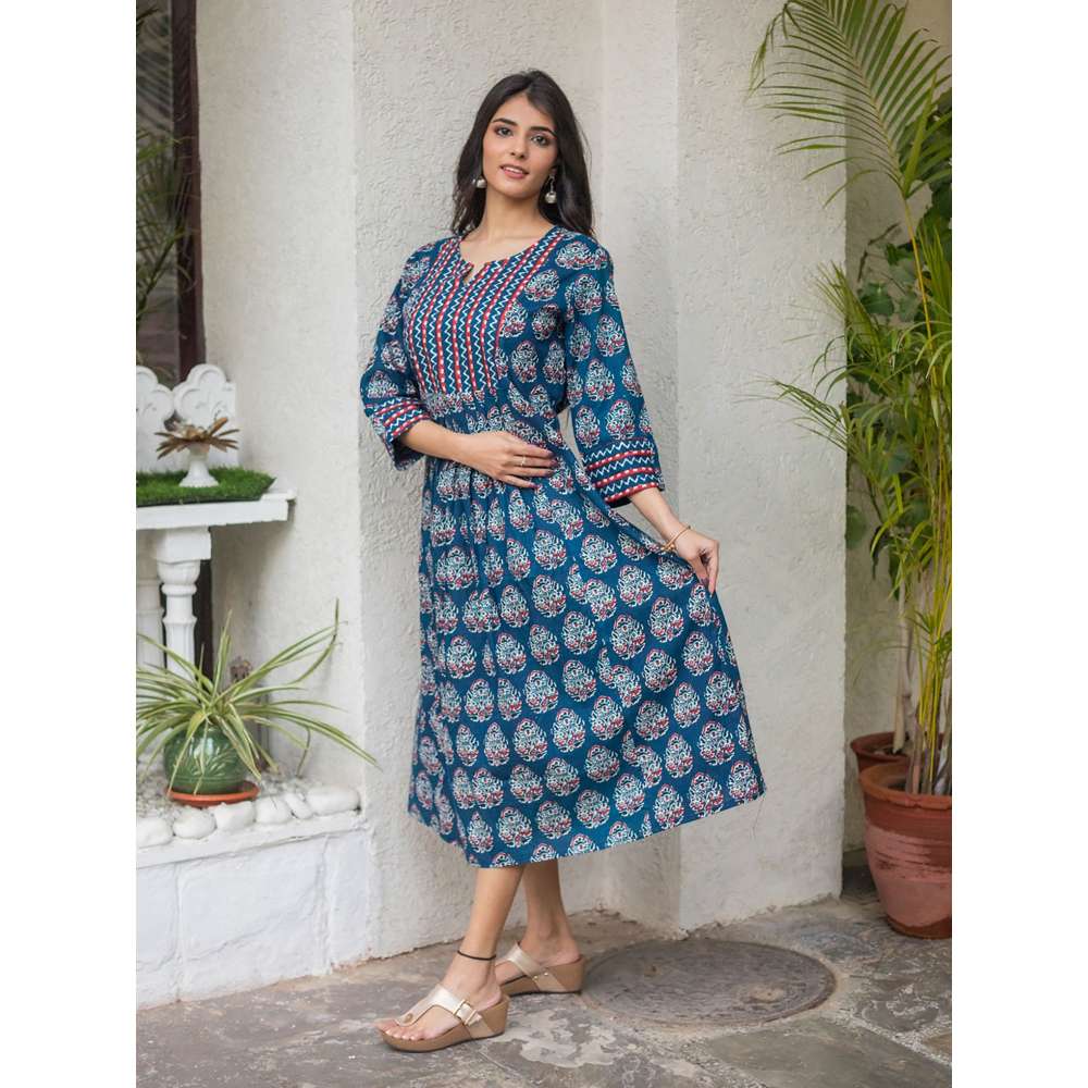 SVARCHI Cotton Buti Print Anarkali Dress-Blue