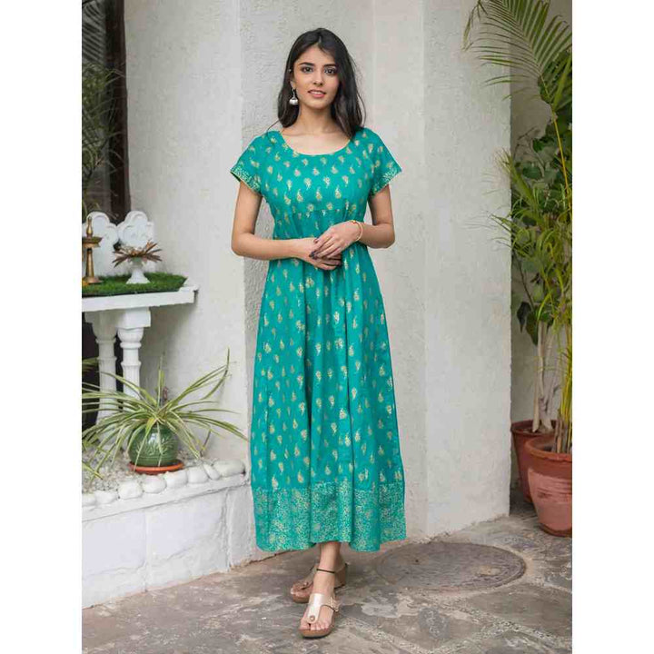 SVARCHI Cotton Paisley Print Anarkali Dress-Green