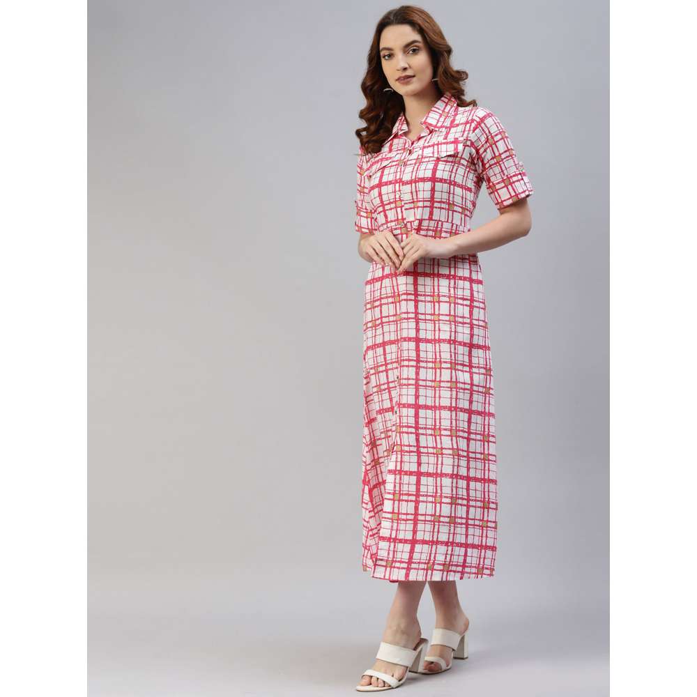 Svarchi Cotton Cambric Printed A-Line Long Midi Dress Red And White