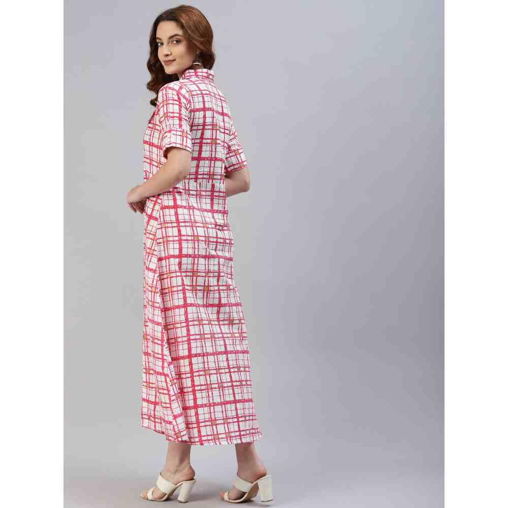 Svarchi Cotton Cambric Printed A-Line Long Midi Dress Red And White