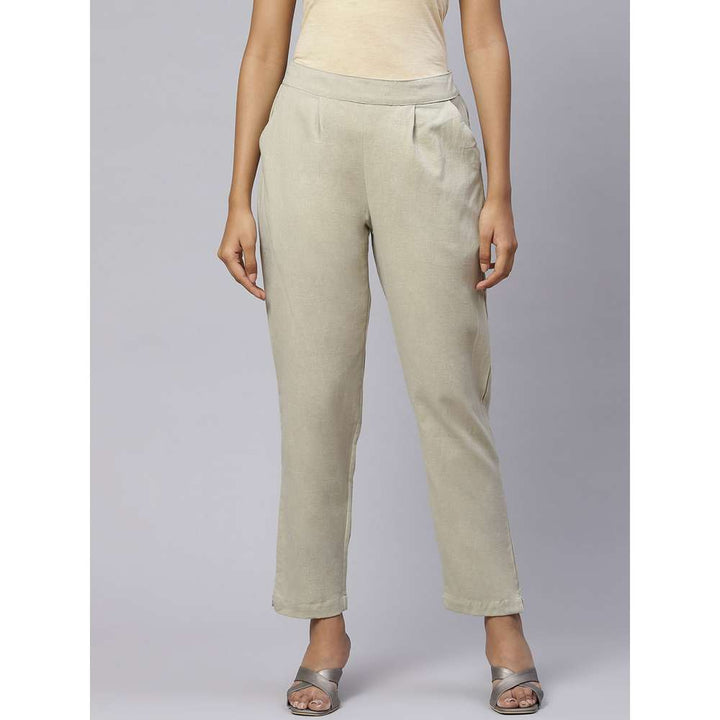 Svarchi Cotton Flax Solid Straight Trouser Pant Beige