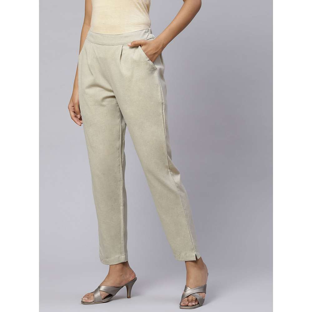 Svarchi Cotton Flax Solid Straight Trouser Pant Beige
