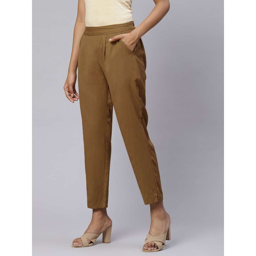 Svarchi Cotton Flax Solid Straight Trouser Pant Brown