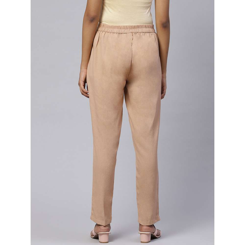 Svarchi Cotton Flax Solid Straight Trouser Pant Camel