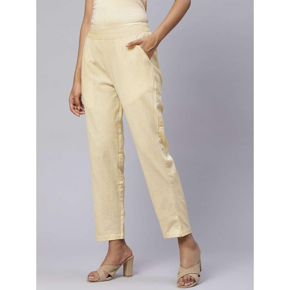 Svarchi Cotton Flax Solid Straight Trouser Pant Cream