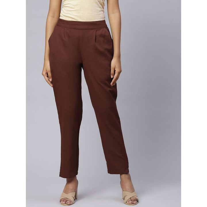 Svarchi Cotton Flax Solid Straight Trouser Pant Dark Brown