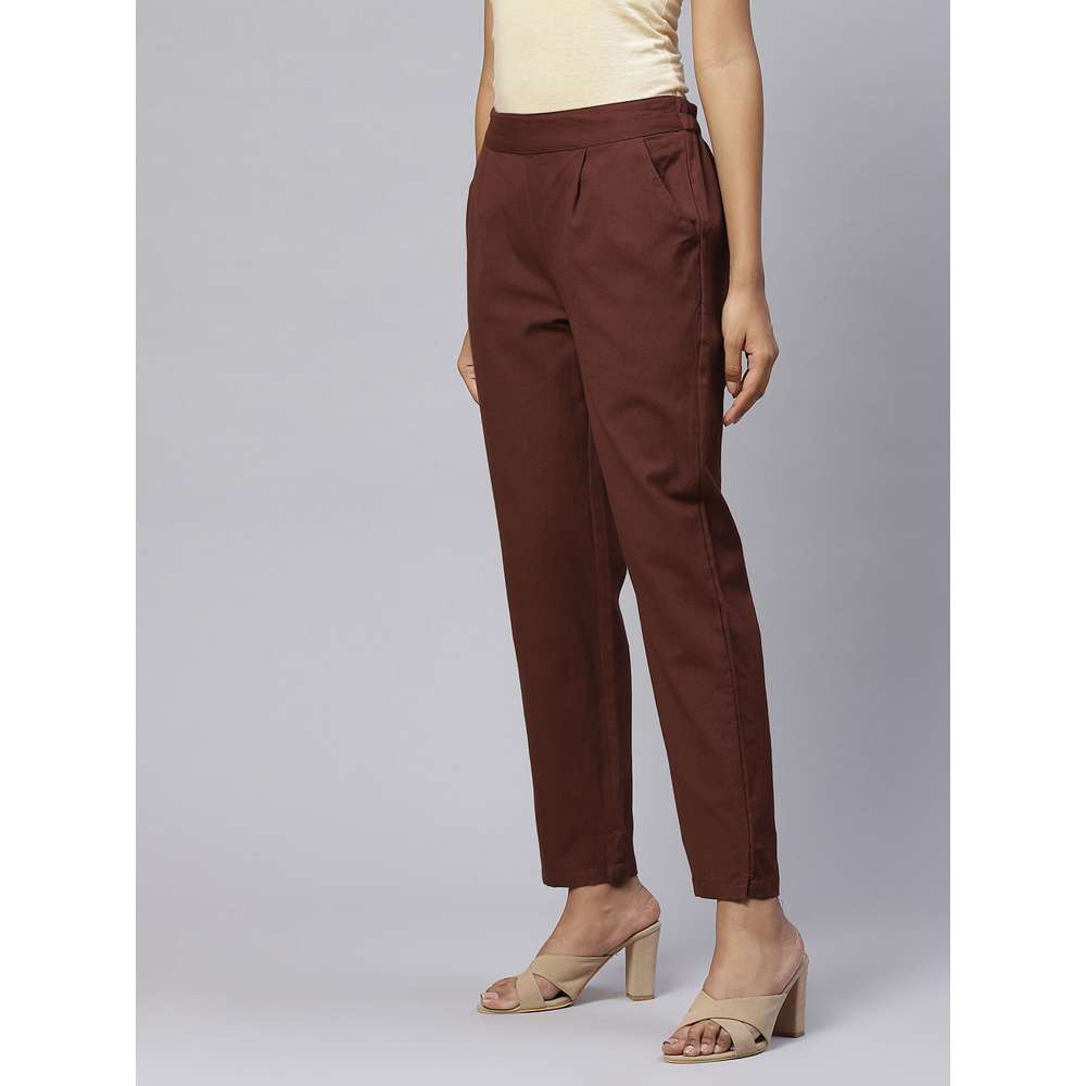 Svarchi Cotton Flax Solid Straight Trouser Pant Dark Brown