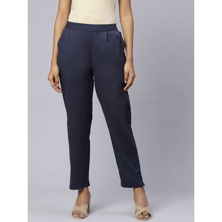 Svarchi Cotton Flax Solid Straight Trouser Pant Navy Blue